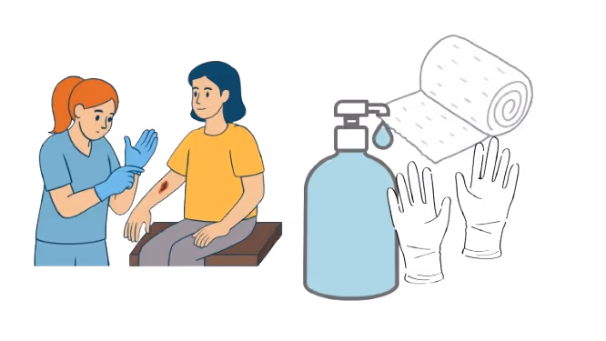 Pflegeengel Monique - Pflege mit Gefühl und Leidenschaft - Illustration, die eine Krankenschwester bei der Wundversorgung zeigt